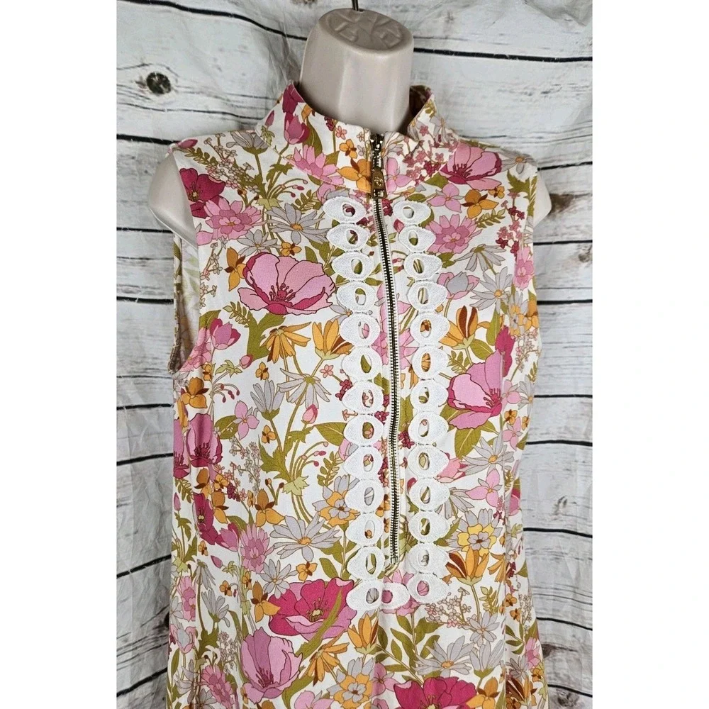 Spartina 449 Floral 1/4 Zip Dress L Sleeveless Crochet Trim Cotton Blend Womens